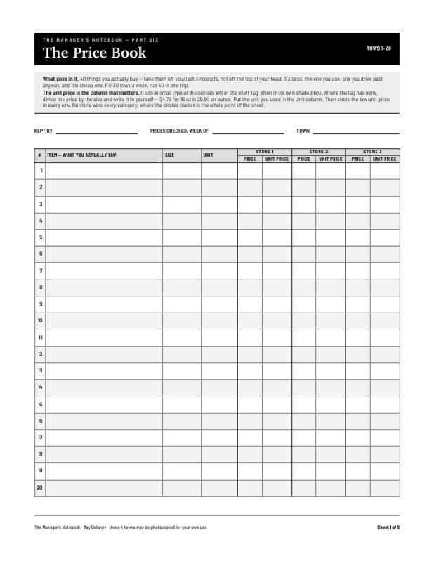 The Price Book form — twenty numbered rows, three stores side by side.