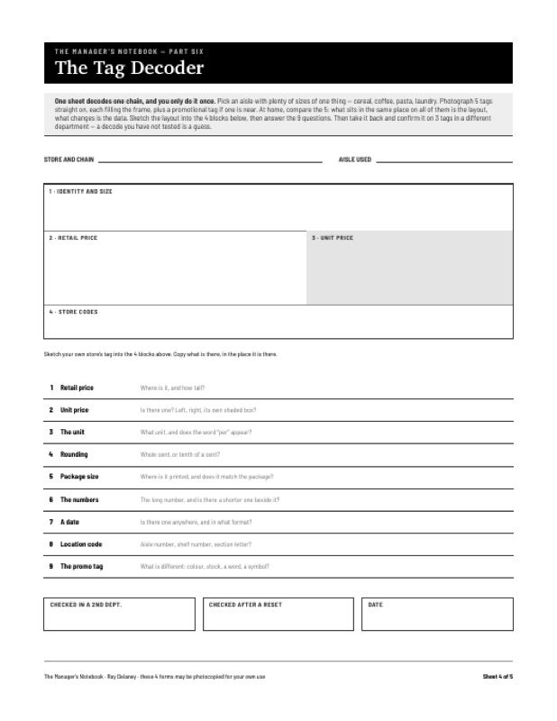 The Tag Decoder form — four blocks to sketch a shelf tag into, then nine questions.